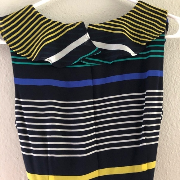 DKNY Womens Navy Ruffled Zippered Belted Lined Striped Sleeveless Surplice Dress - Picture 9 of 11